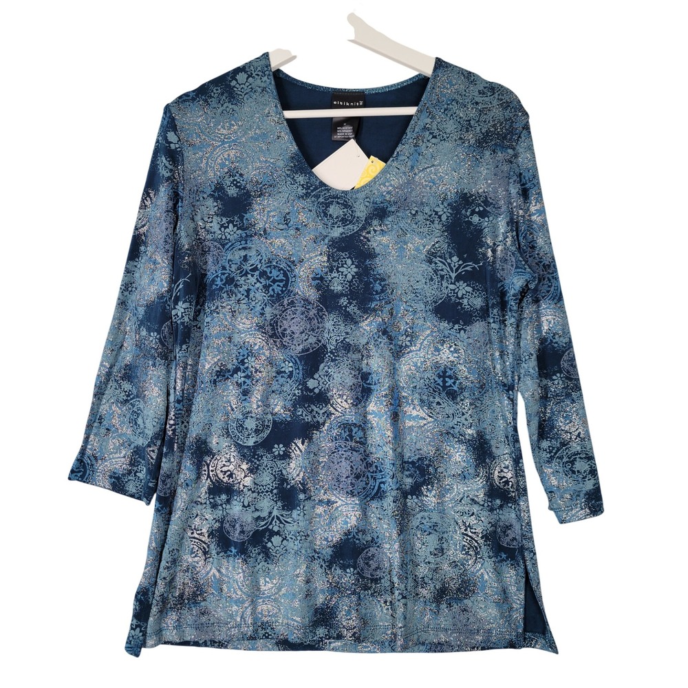 Citiknit V-Neck Top Womens Medium Blue Silver Metallic Paisley 3/4 Sleeve NEW